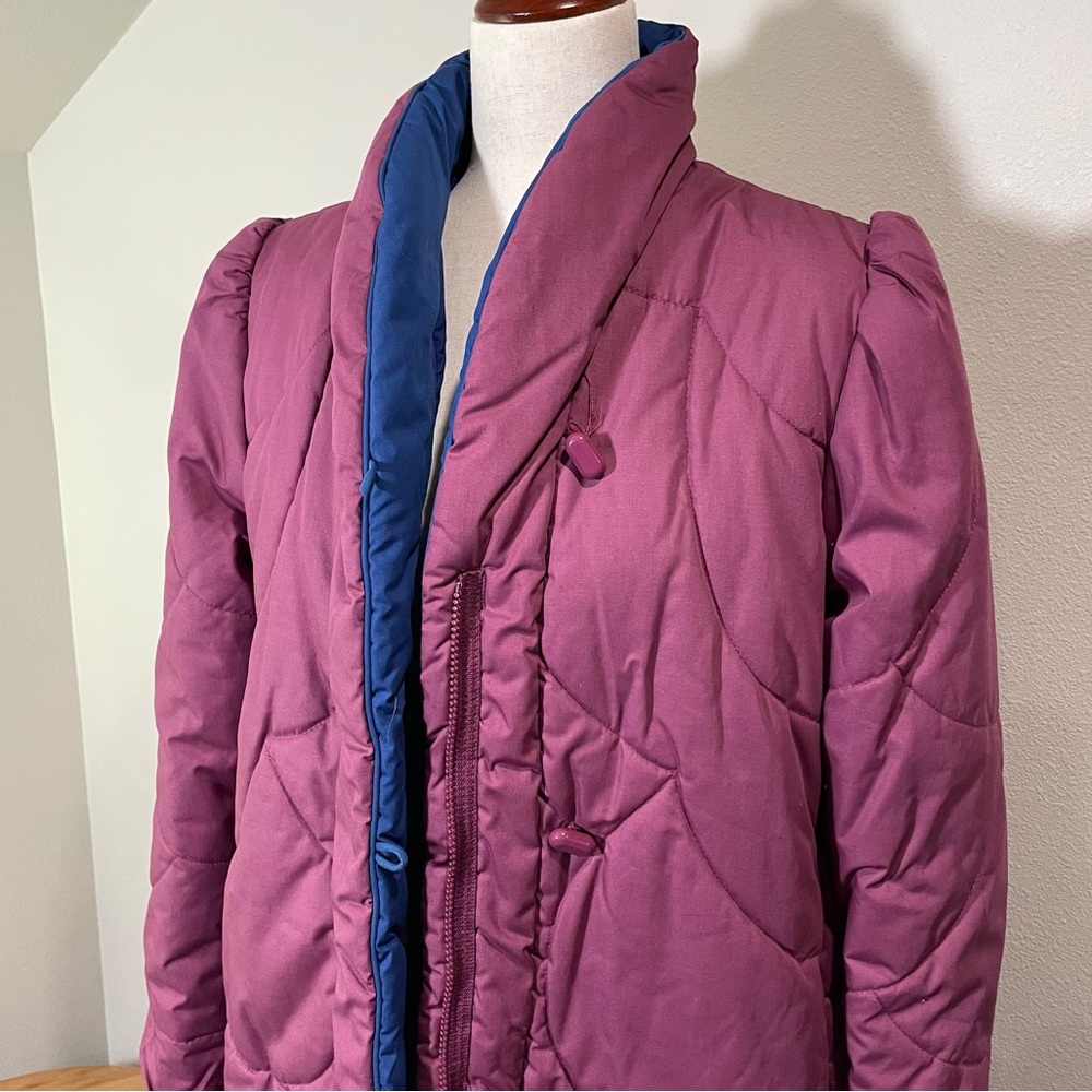 RARE Vtg 70s 80s Quilted Puffer Coat Saxton Hall Mauve/Blue Full Length Medium - Picture 2 of 16